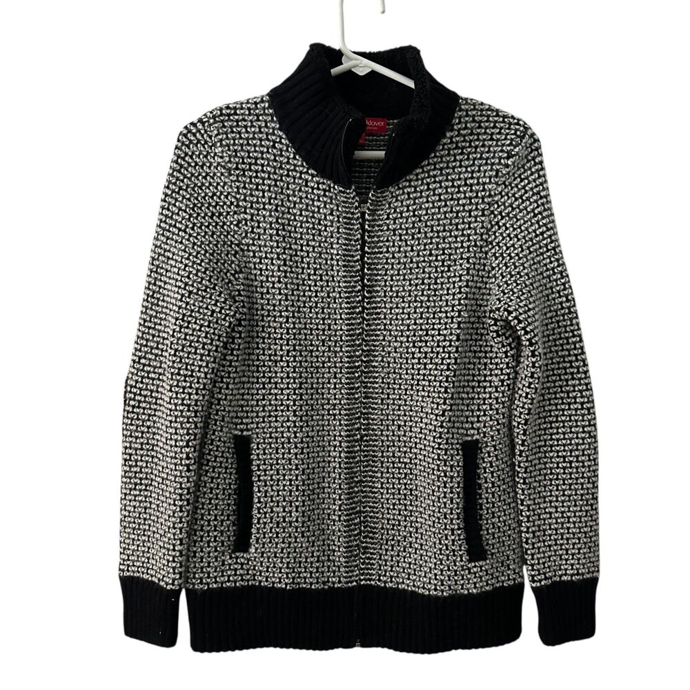 Krimson Klover Black and White Wool Full Zip Sweater Jacket Patches Size M